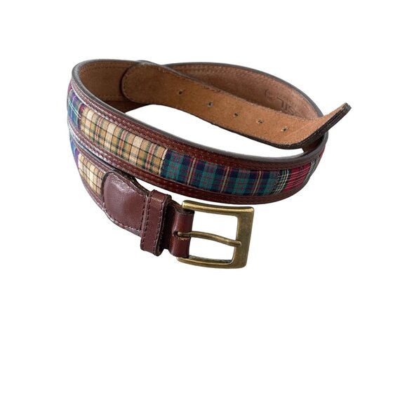 Fossil Genuine Leather Plaid Fabric Belt Unisex Medium Brown Multicolor Bohemian - Picture 1 of 12